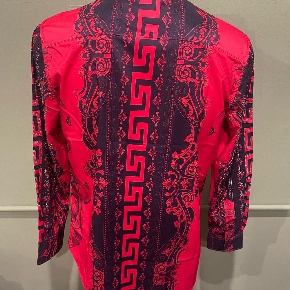 Deniko shirt button front red floral rhinestone regular fit - Picture 2 of 4